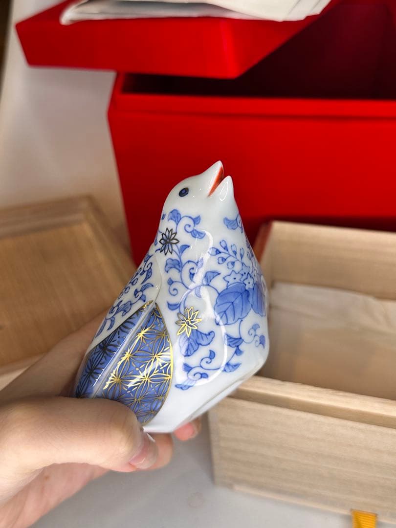 青花染付 描金 福良雀 ボンボニエール 宮内庁御用達 十五代 辻常陸製 双重箱