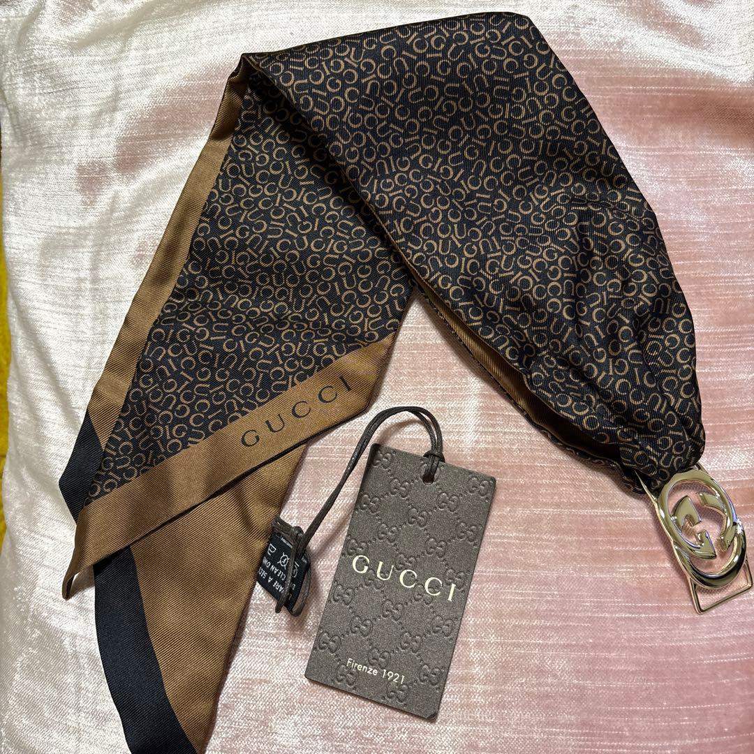 GUCCI ロゴ入りスカーフ ブラウン・ブラック
