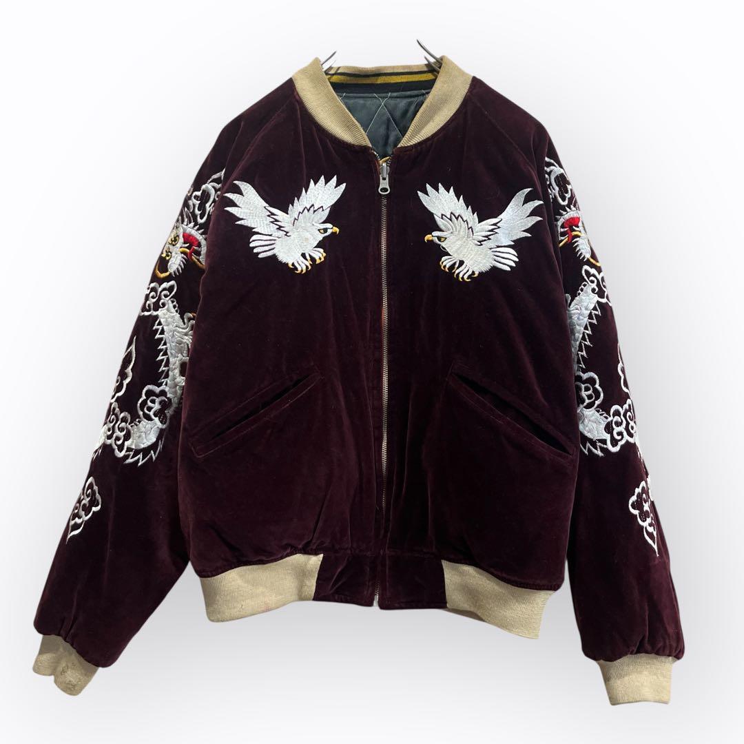 ベロア スカジャン 刺繍 鷲 龍 別珍 えんじ Y2K リバーシブル