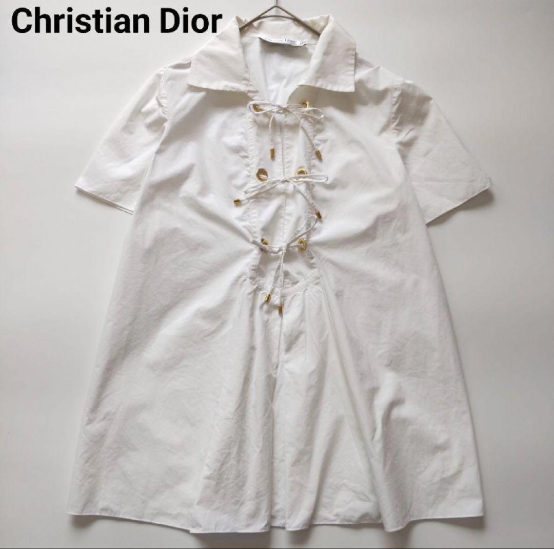 美品 ディオール レースアップ オープンカラー 半袖 シャツ ブラウス 白