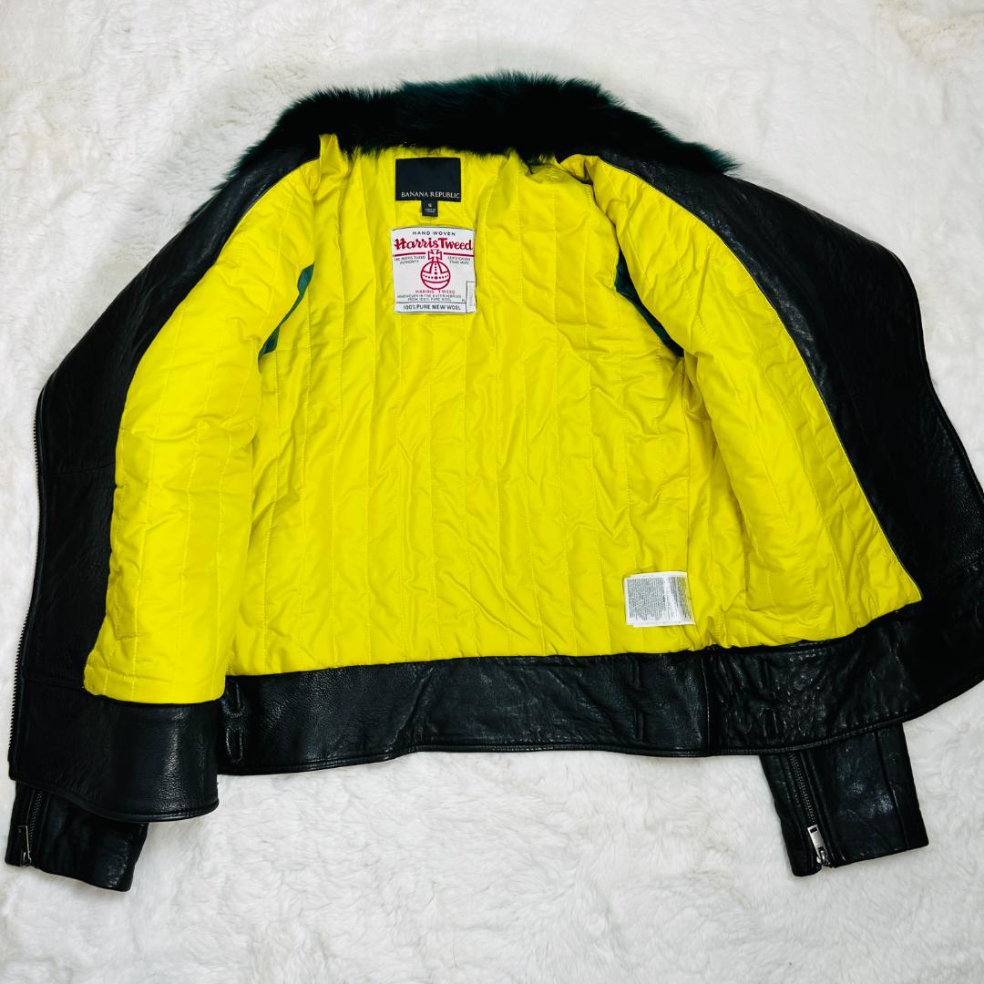 【ハリスツイード×バナナパブリック】ライダースジャケット　リアルファー　ラム革