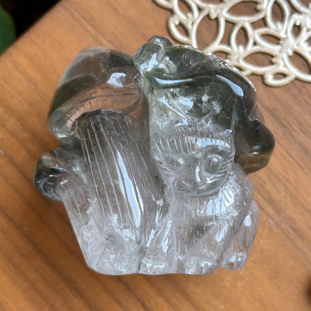 天然石 ブラジル産 グリーンガーデンクォーツ猫＆＆花＆きのこの置物459g