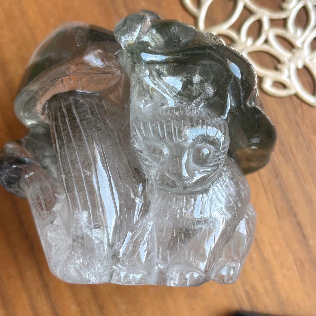 天然石 ブラジル産 グリーンガーデンクォーツ猫＆＆花＆きのこの置物459g