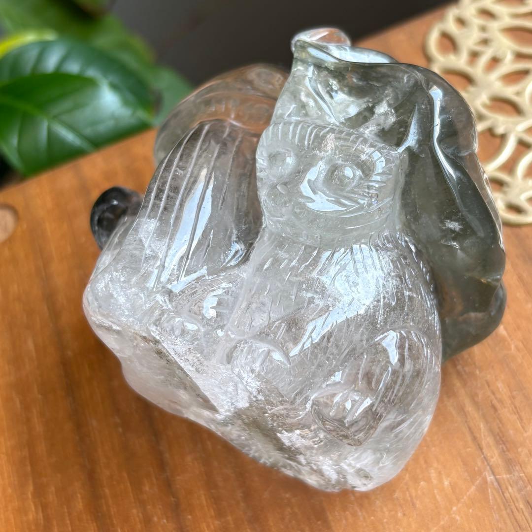 天然石 ブラジル産 グリーンガーデンクォーツ猫＆＆花＆きのこの置物459g