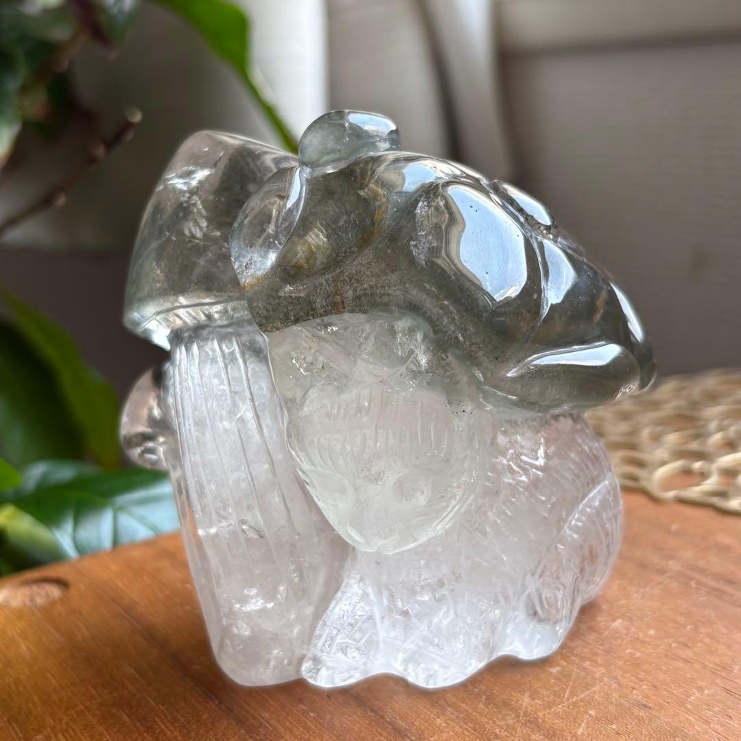 天然石 ブラジル産 グリーンガーデンクォーツ猫＆＆花＆きのこの置物459g