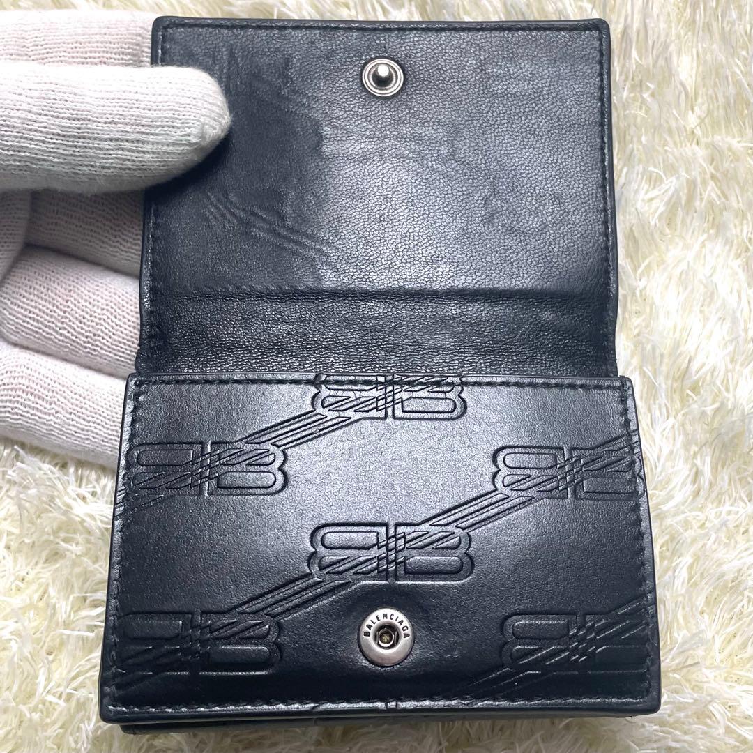 美品 保存袋付き バレンシアガ 三つ折り財布 コンパクト ロゴ型押し ブラック