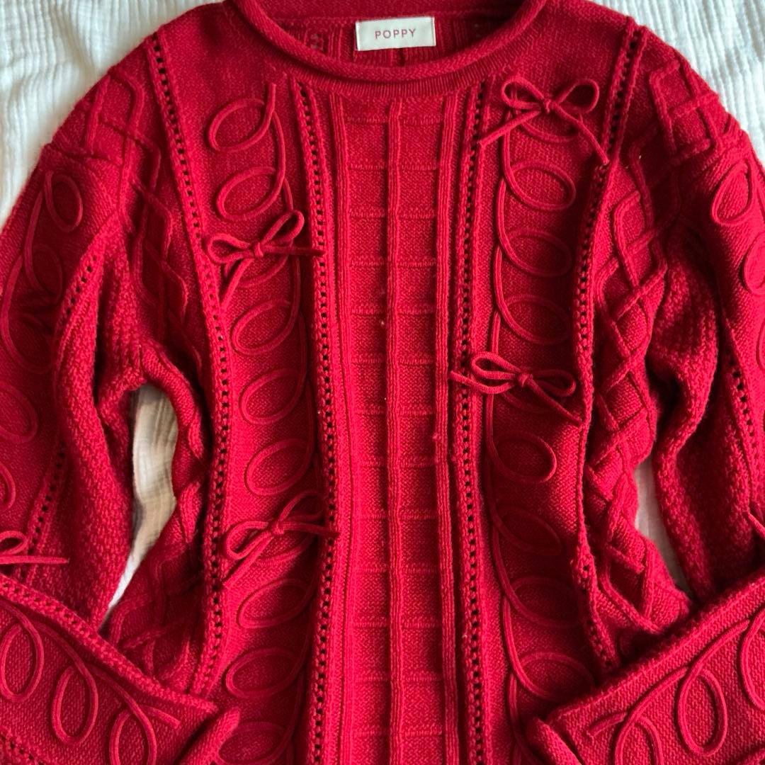 POPPY クルクル リボン ルーズニット 赤 Kurukuru ribbon