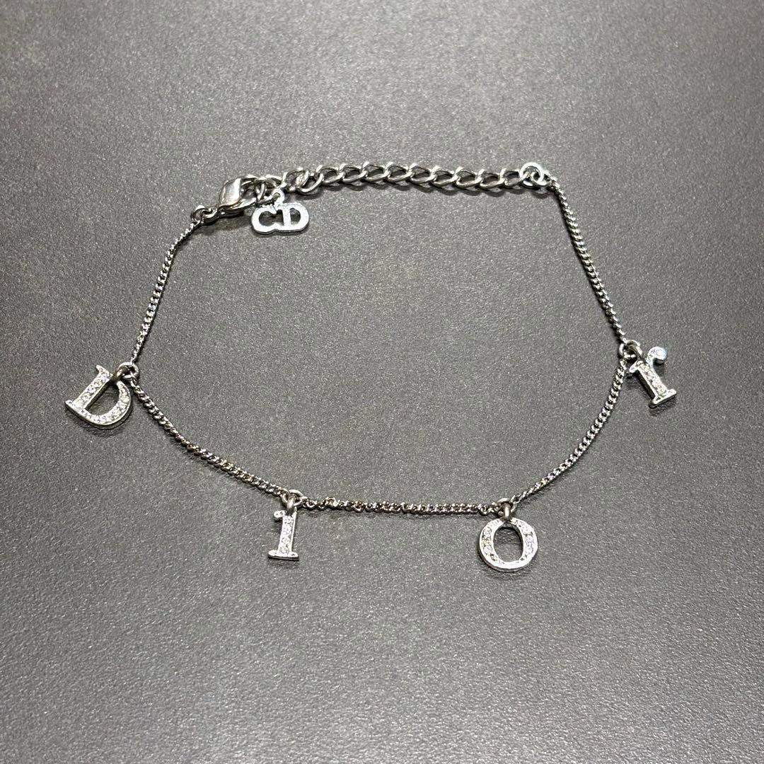 美品 Dior ディオール ラインストーン ロゴチャーム ブレスレット シルバー