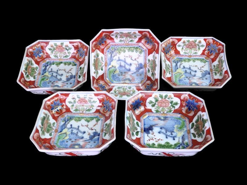 大聖寺伊万里　金襴手　窓絵　牡丹に菊　四方角向付　５客　N1643A-CLv