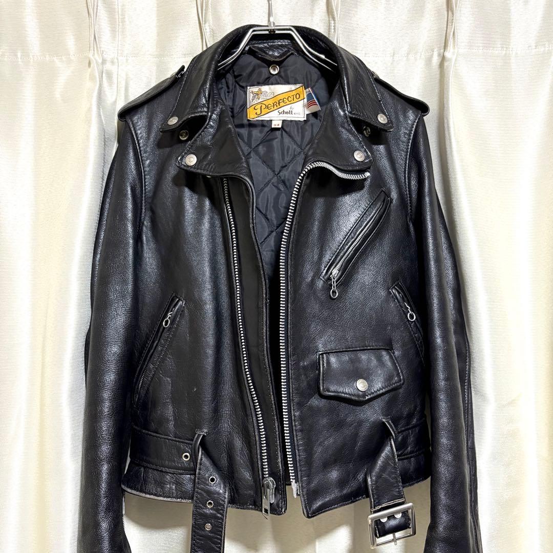 【牛タグ移行期】80s Schott 618希少シ ボ革個体 ライダース 34