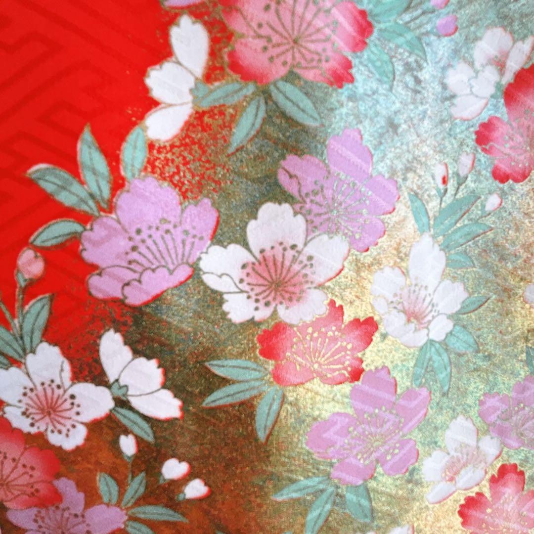 フルセット 七五三 7歳女の子長着＆長襦袢＆帯＆小物　赤　地紋　紗綾形　牡丹　桜