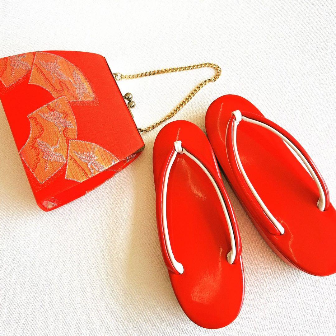 フルセット 七五三 7歳女の子長着＆長襦袢＆帯＆小物　赤　地紋　紗綾形　牡丹　桜