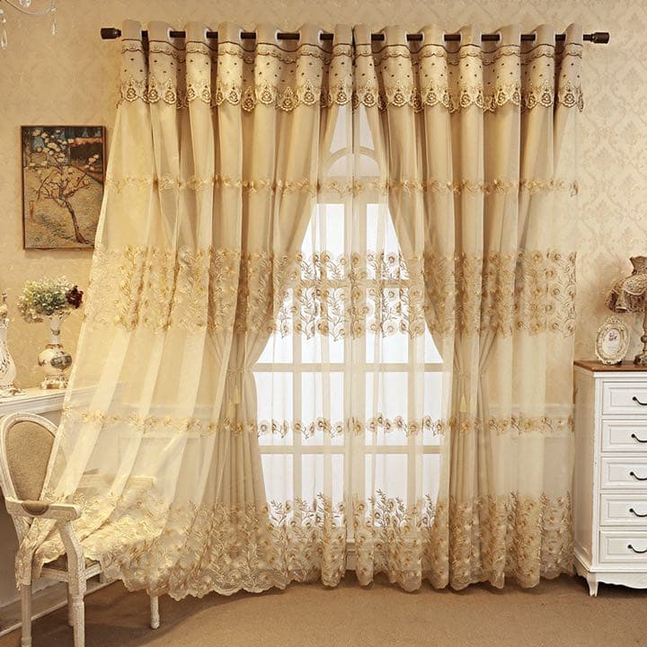 二層一体カーテン　刺繍　レール用　遮光カーテン　レーズカーテン