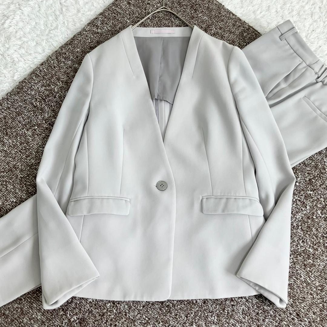 美品✨レミュー セットアップ ノーカラー 洗える ストレッチ 1B グレージュ