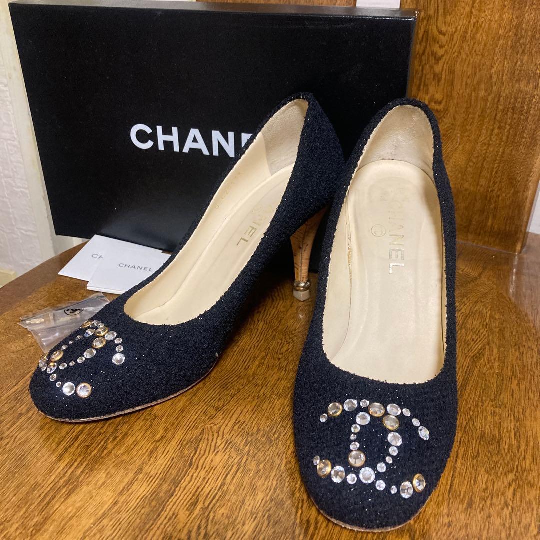 CHANEL パンプス ★ココマーク ラインストーン、ツィード、38.5サイズ