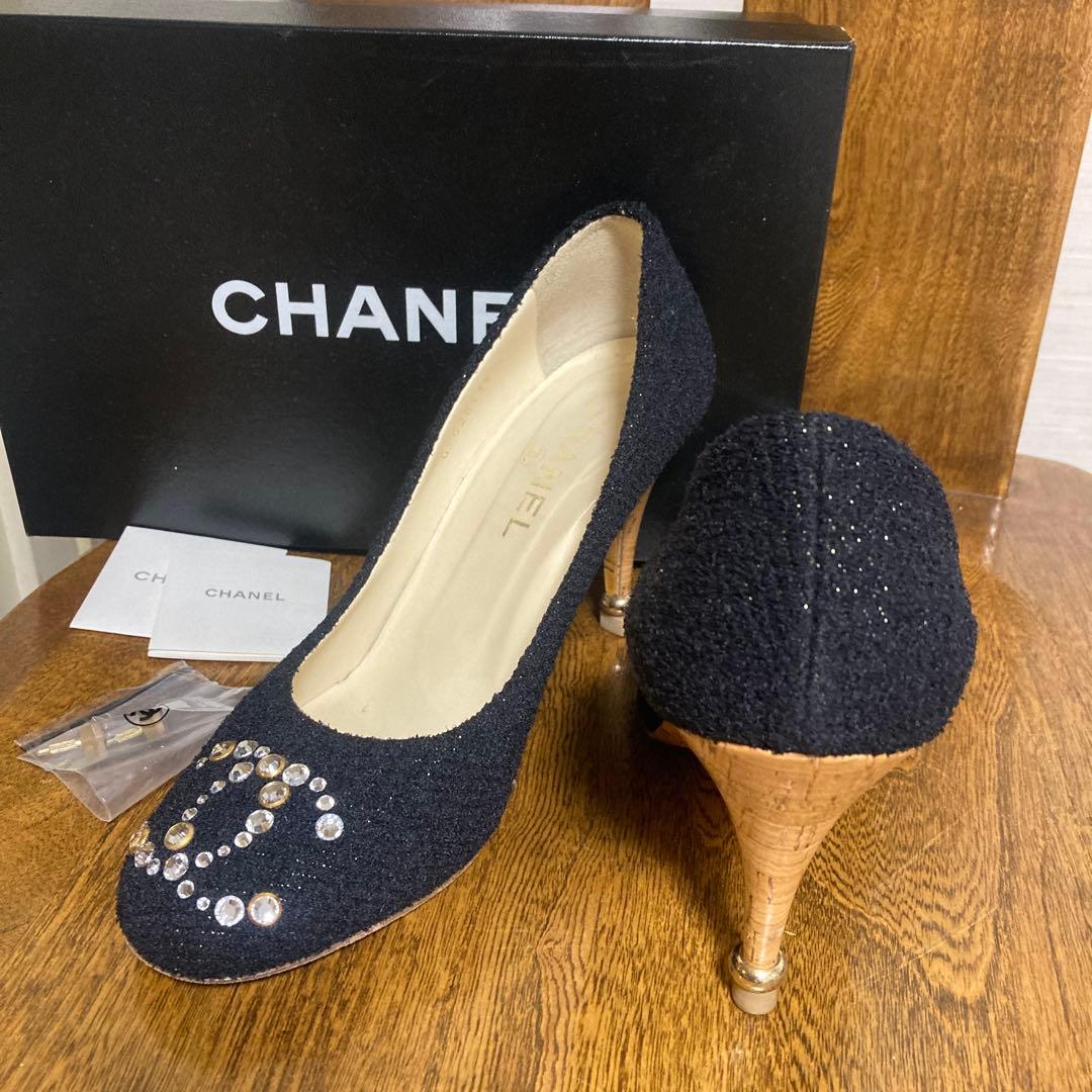 CHANEL パンプス ★ココマーク ラインストーン、ツィード、38.5サイズ