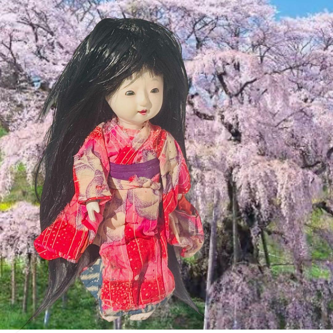 市松人形 明治後期 市印 朱印 三つ折れ 単色黒目 ガラス目 縮緬 1890年代