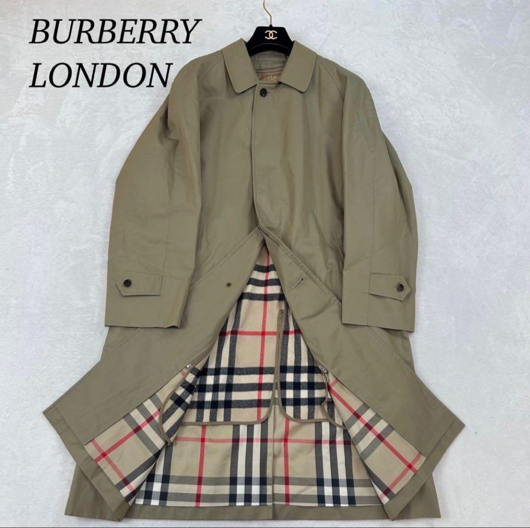K470 美品 L バーバリー ノバチェック カシミヤ コート カーキ メンズ