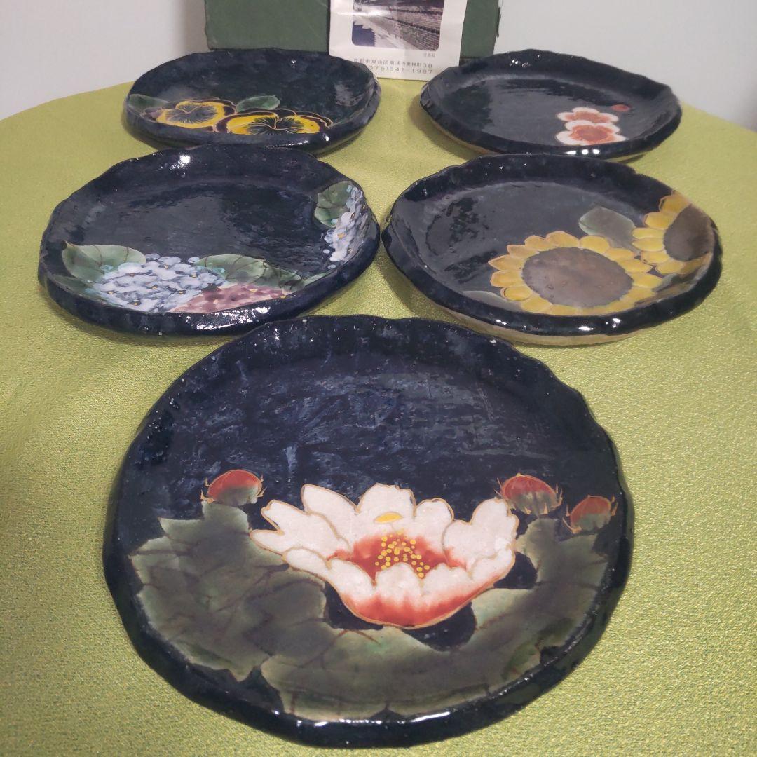 希少 京焼 清水焼 土渕 陶あん 皿 中皿 取皿 5枚 箱付 絵変 桜 牡丹