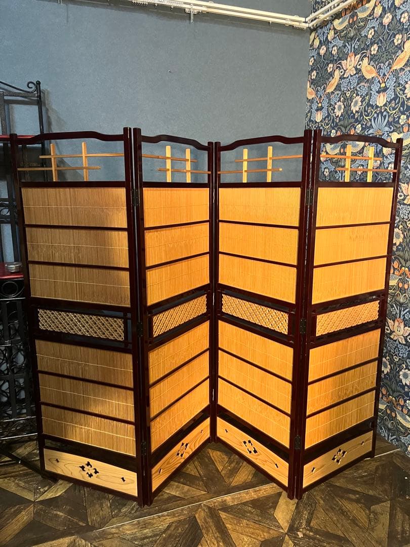 竹細工 衝立 4連 パーテーション 和風 モダン 間仕切り 昭和レトロ 古家具