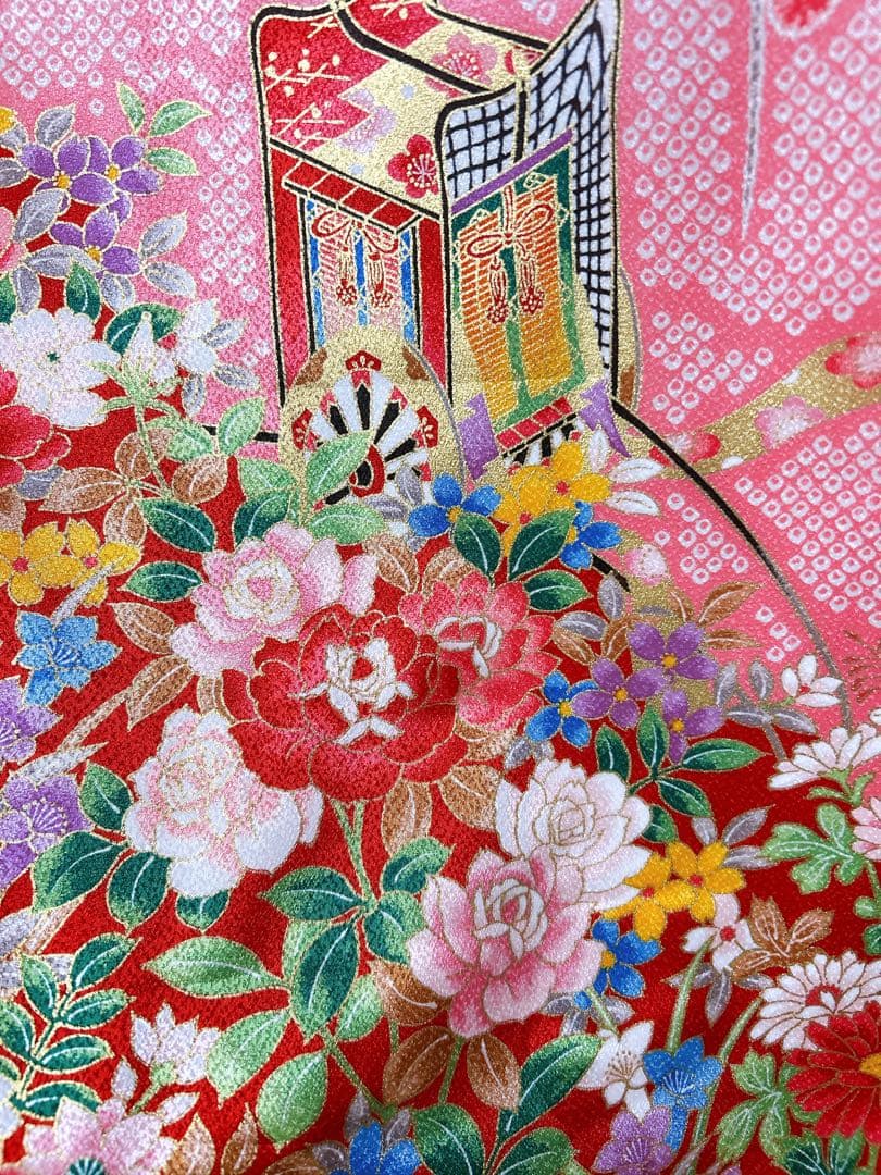 ピンク鹿の子柄♡七五三　7歳　女の子　フルセット　一式　パール付帯締め　ゴールド