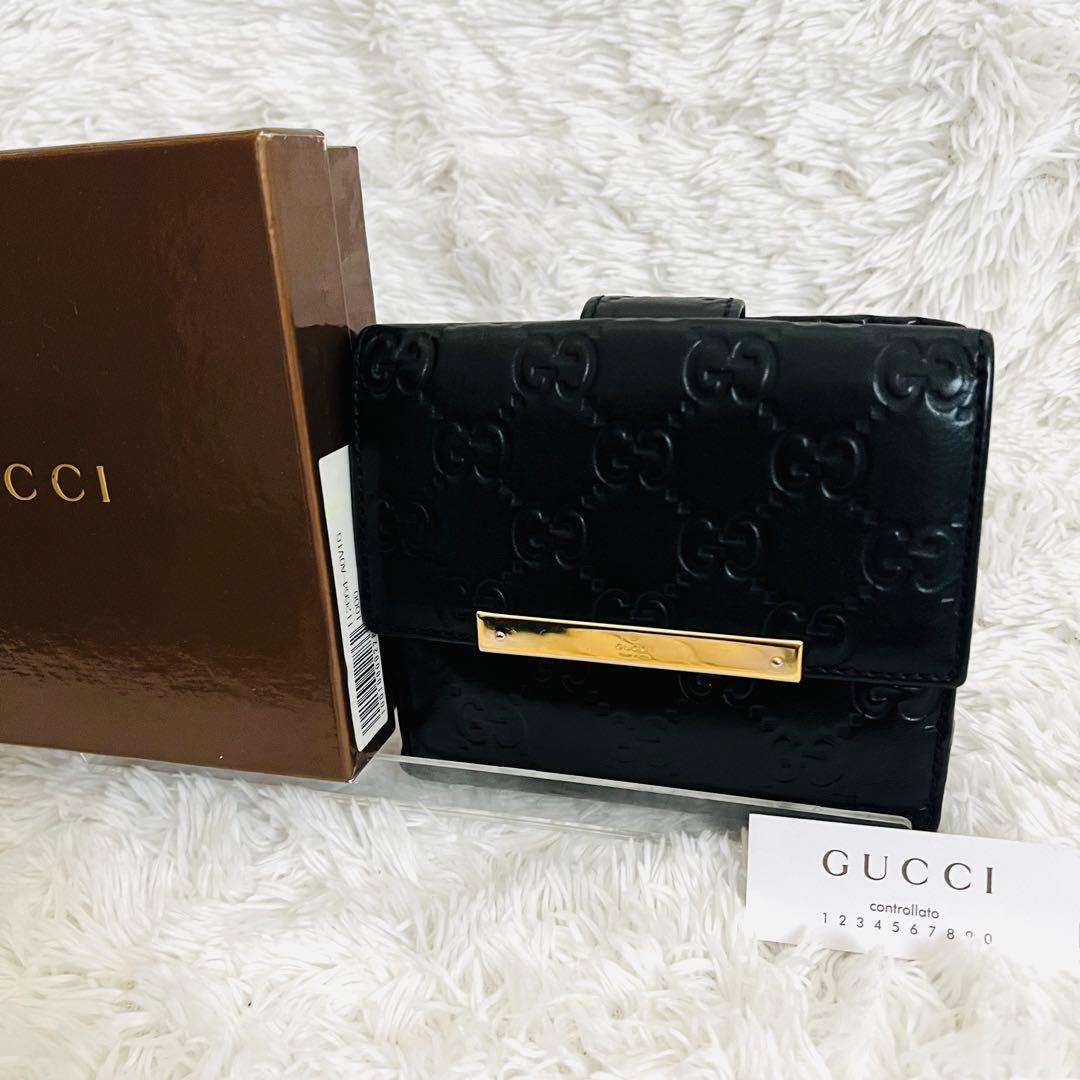 【美品】GUCCI グッチ シマ 二つ折り財布 ブラック レザー ゴールド金具