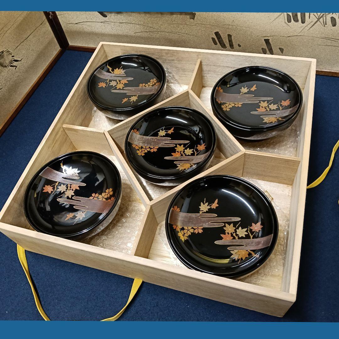 AO2 輪島塗 煮物椀五客 春秋雲 絵付 桜紅葉雲図 木製漆塗り 木箱入り