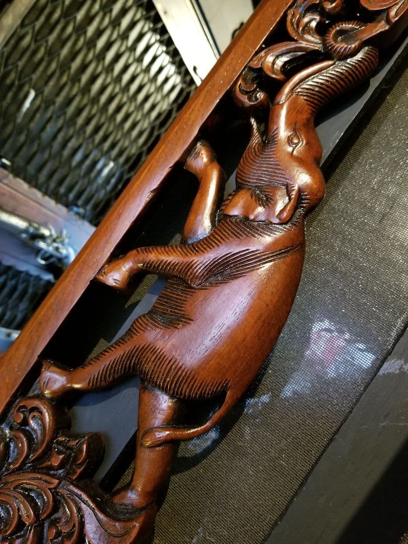 アンティーク　オールド　チーク　透かし彫り　細工　アカンサス　模様　ミラー　鏡