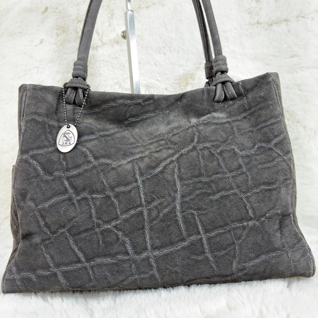 高級【JRA認定】象革 エレファントレザー トートバッグ 日本製 手鏡付 グレー