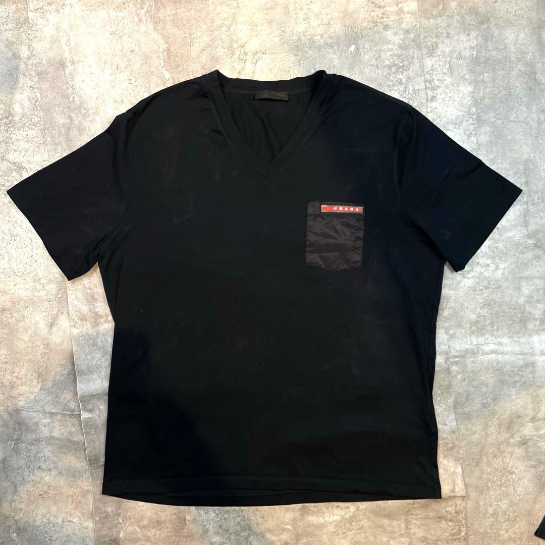 PRADAプラダ VネックTシャツ ブラック XXL ポケット付き