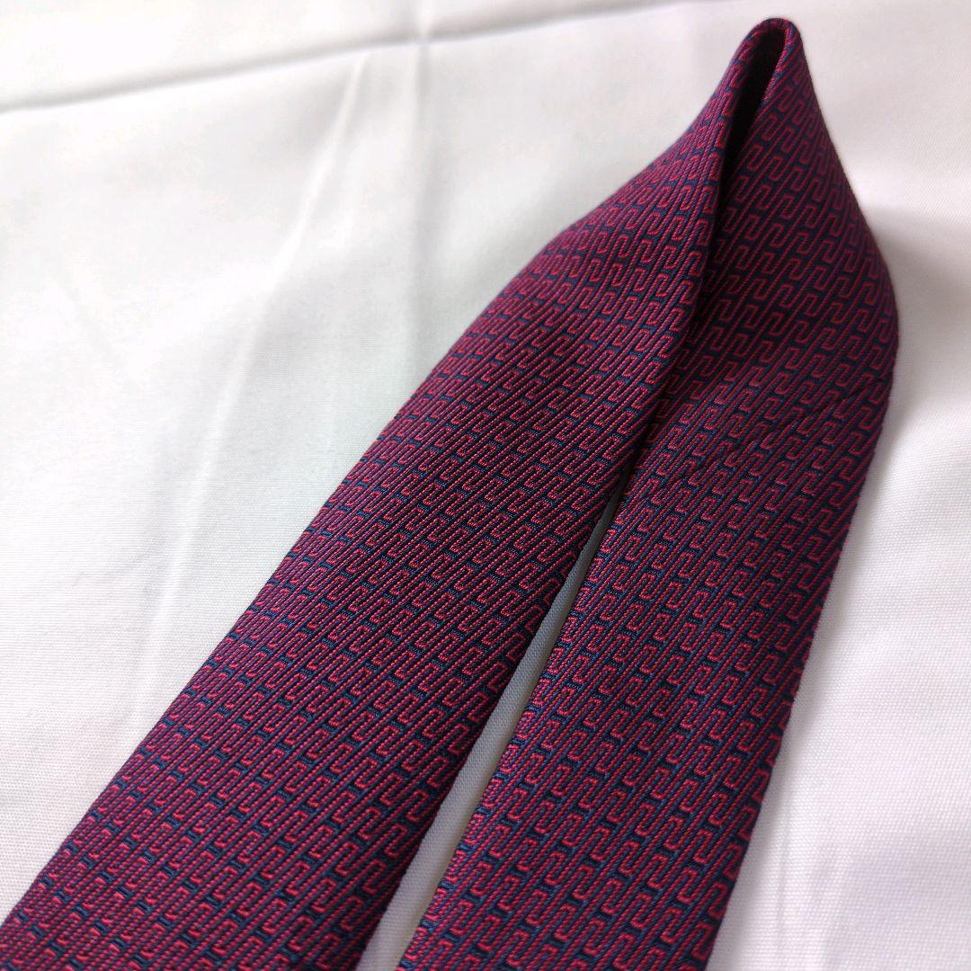 【美品】エルメス ネクタイ ワインレッド ネイビー 濃紺 H柄 光沢 フランス製