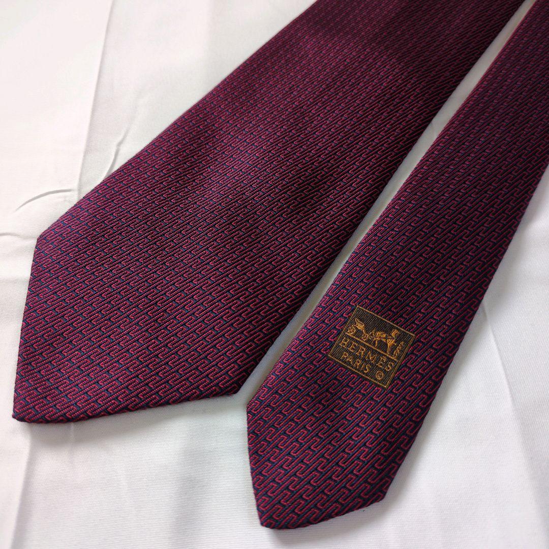 【美品】エルメス ネクタイ ワインレッド ネイビー 濃紺 H柄 光沢 フランス製