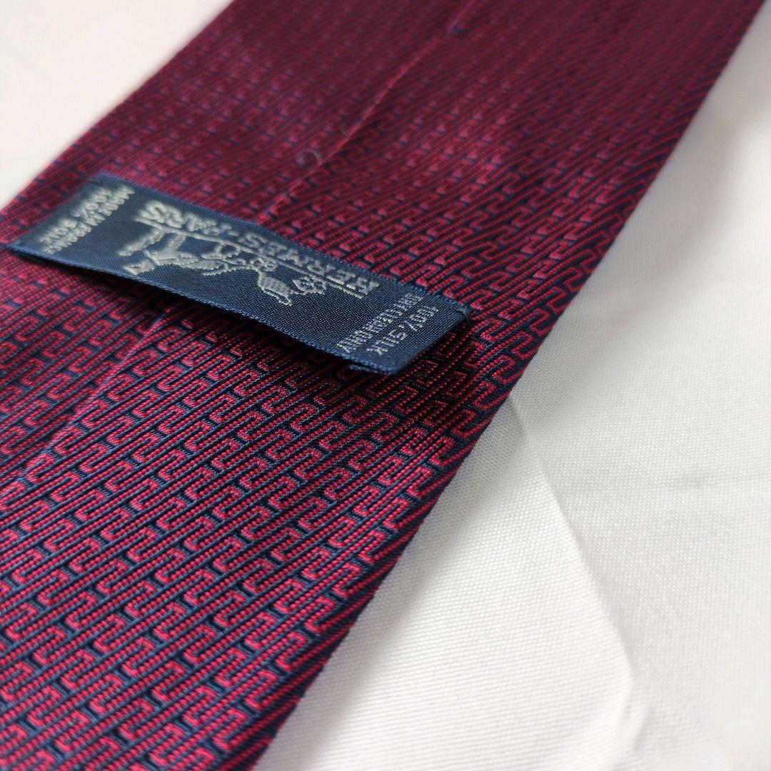 【美品】エルメス ネクタイ ワインレッド ネイビー 濃紺 H柄 光沢 フランス製