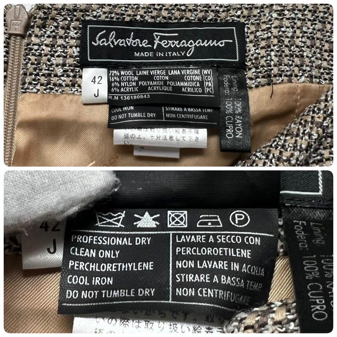 【美品】サルヴァトーレフェラガモ ツイード ドレスワンピース タック 半袖 42