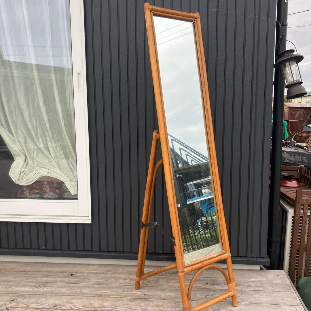 昭和レトロ エスニック ラタンスタンドミラー 立て掛け鏡 姿見 等身鏡 アジアン