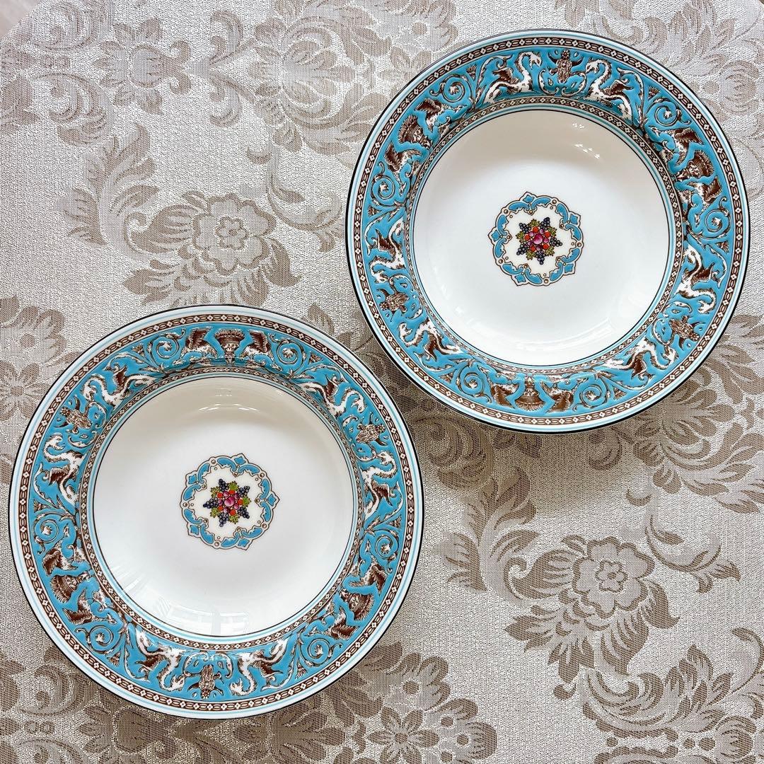 未使用　ウェッジウッド　黒壺　スープ皿　深皿　フロレンティーンターコイズ　2枚