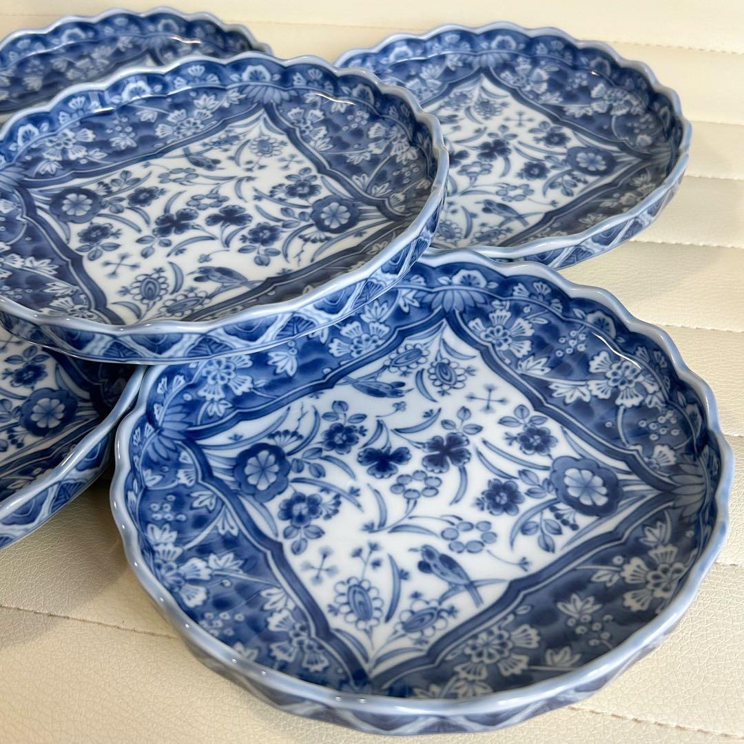 三洋陶器　龍峰窯　染付更紗　中皿揃　5枚セット　輪花皿　花鳥　和皿　取皿　銘々皿