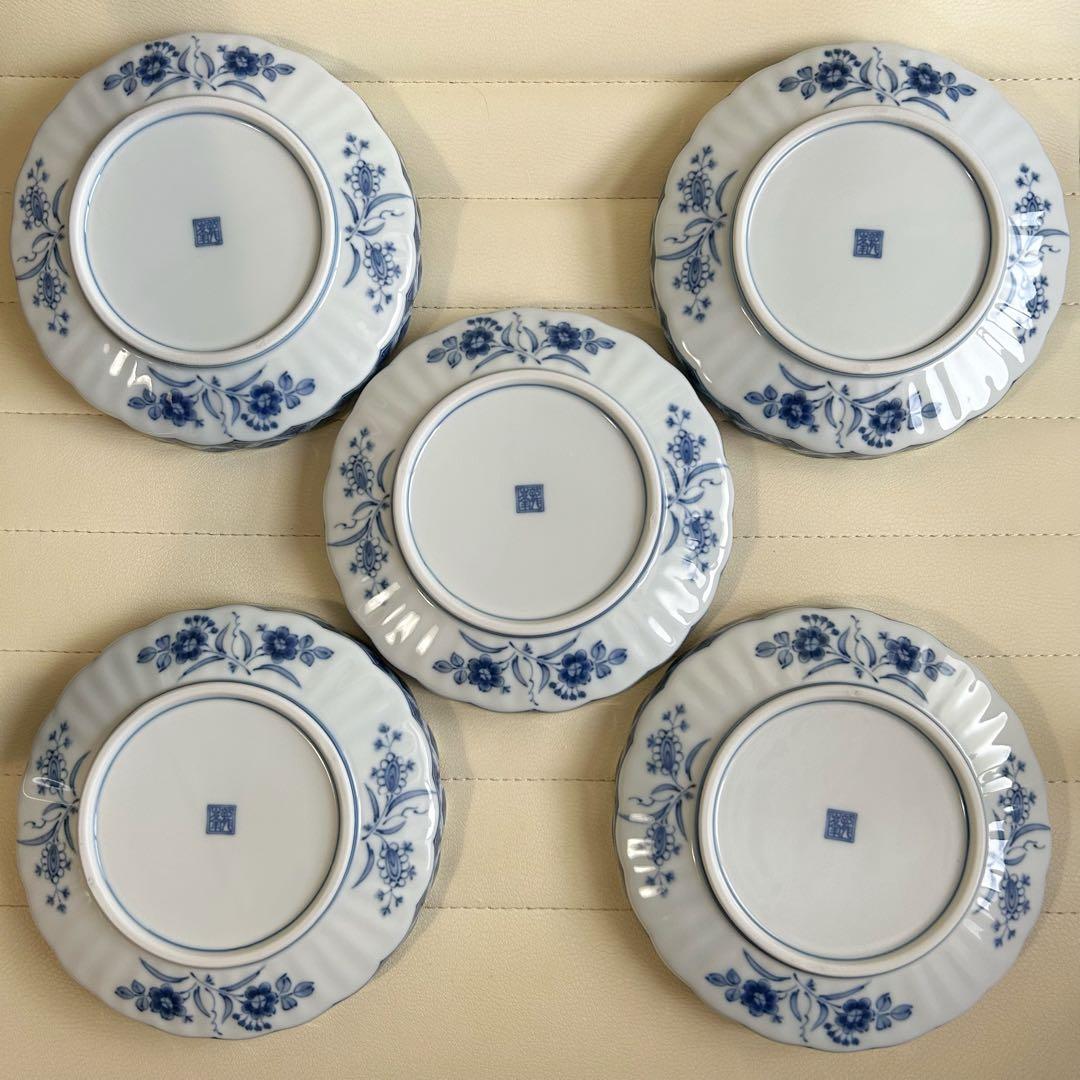 三洋陶器　龍峰窯　染付更紗　中皿揃　5枚セット　輪花皿　花鳥　和皿　取皿　銘々皿