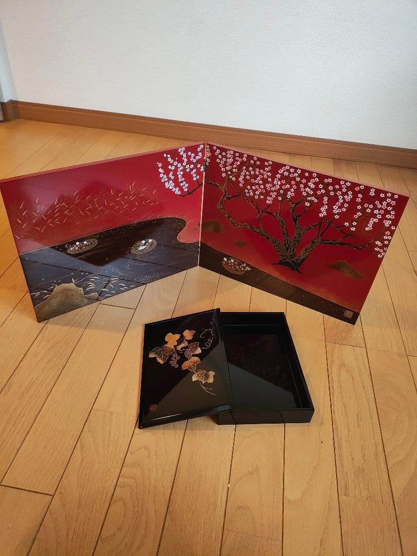 【美品】【工芸品】桜模様 漆器　重箱　パネル 　2個セット