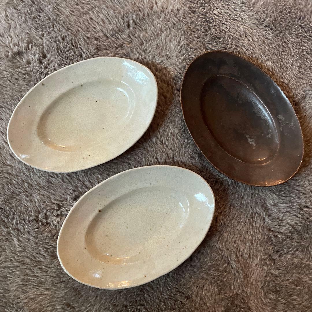 林拓児　楕円皿　小3枚セット　貫入　黒釉