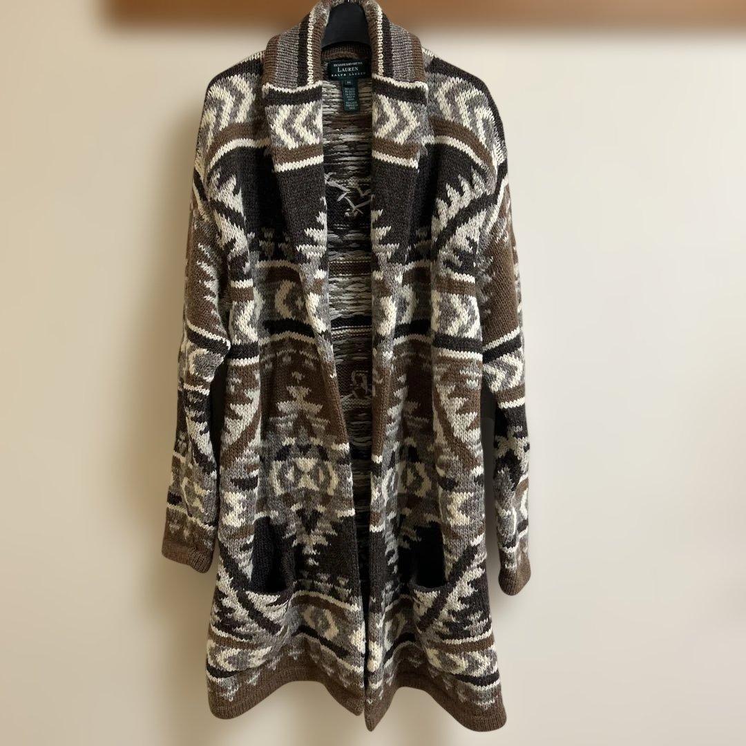 90’s LAUREN ハンドニット　ネイティヴ柄　ガウン　カーディガン　古着