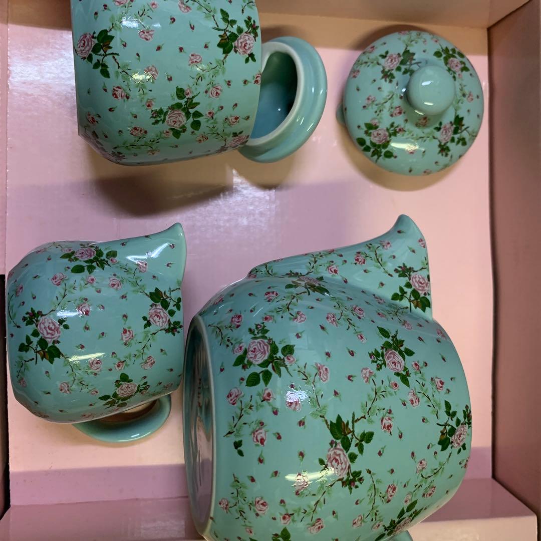 ピンクハウス　ヴィンテージ食器セット　未使用　ミントグリーンの薔薇柄ティーセット