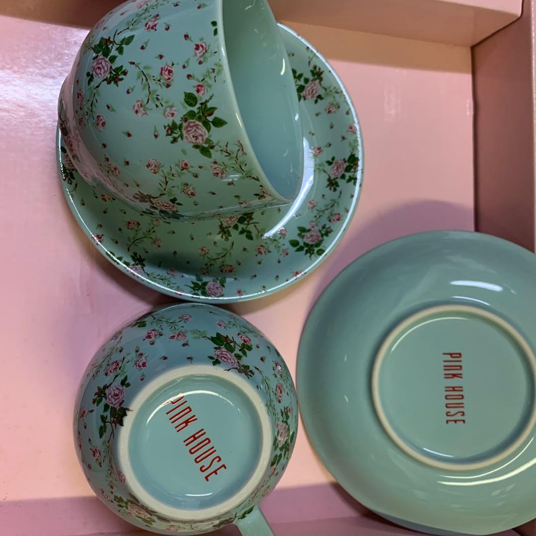 ピンクハウス　ヴィンテージ食器セット　未使用　ミントグリーンの薔薇柄ティーセット