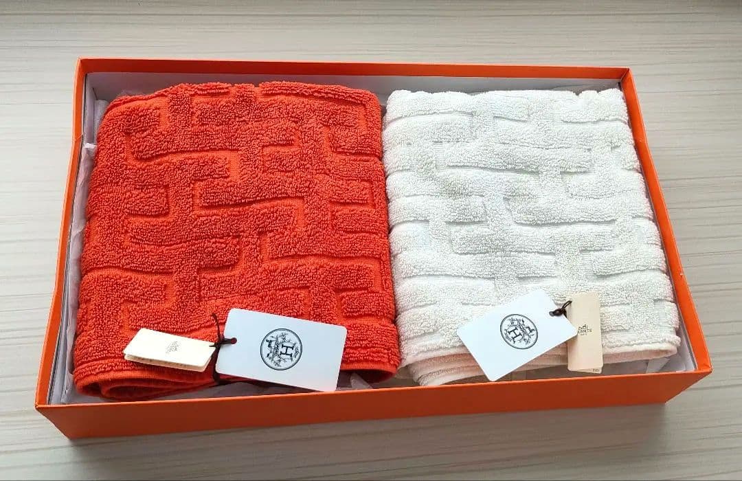美品 エルメス ステアーズ ゲストタオル 2枚セット オレンジ ホワイト