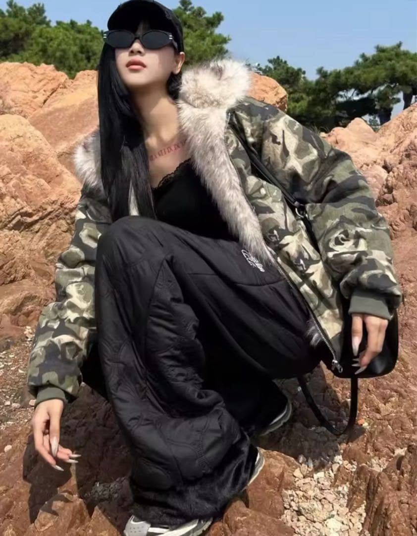 迷彩柄ファージャケット　パーカー　カモフラ　韓国　L