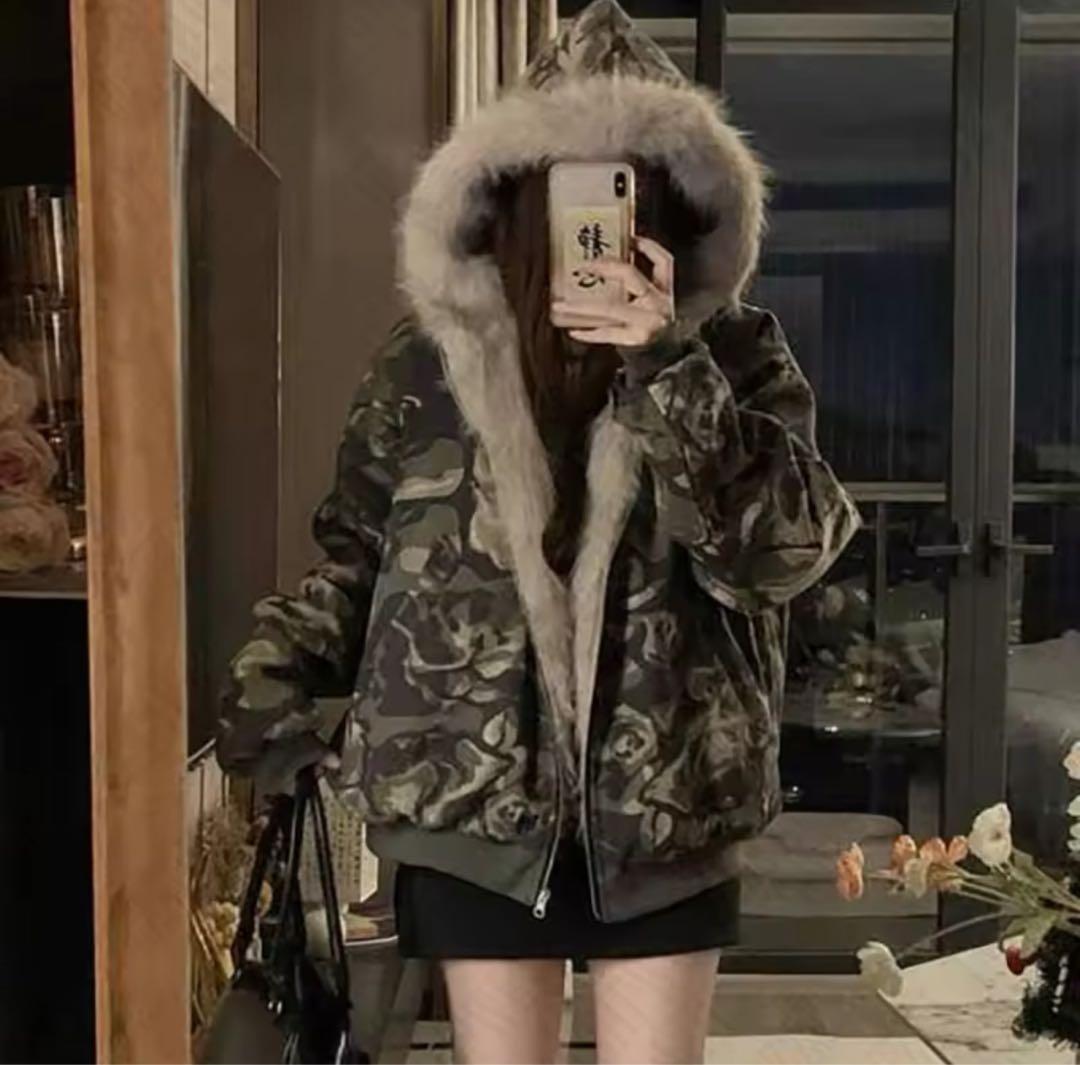 迷彩柄ファージャケット　パーカー　カモフラ　韓国　L