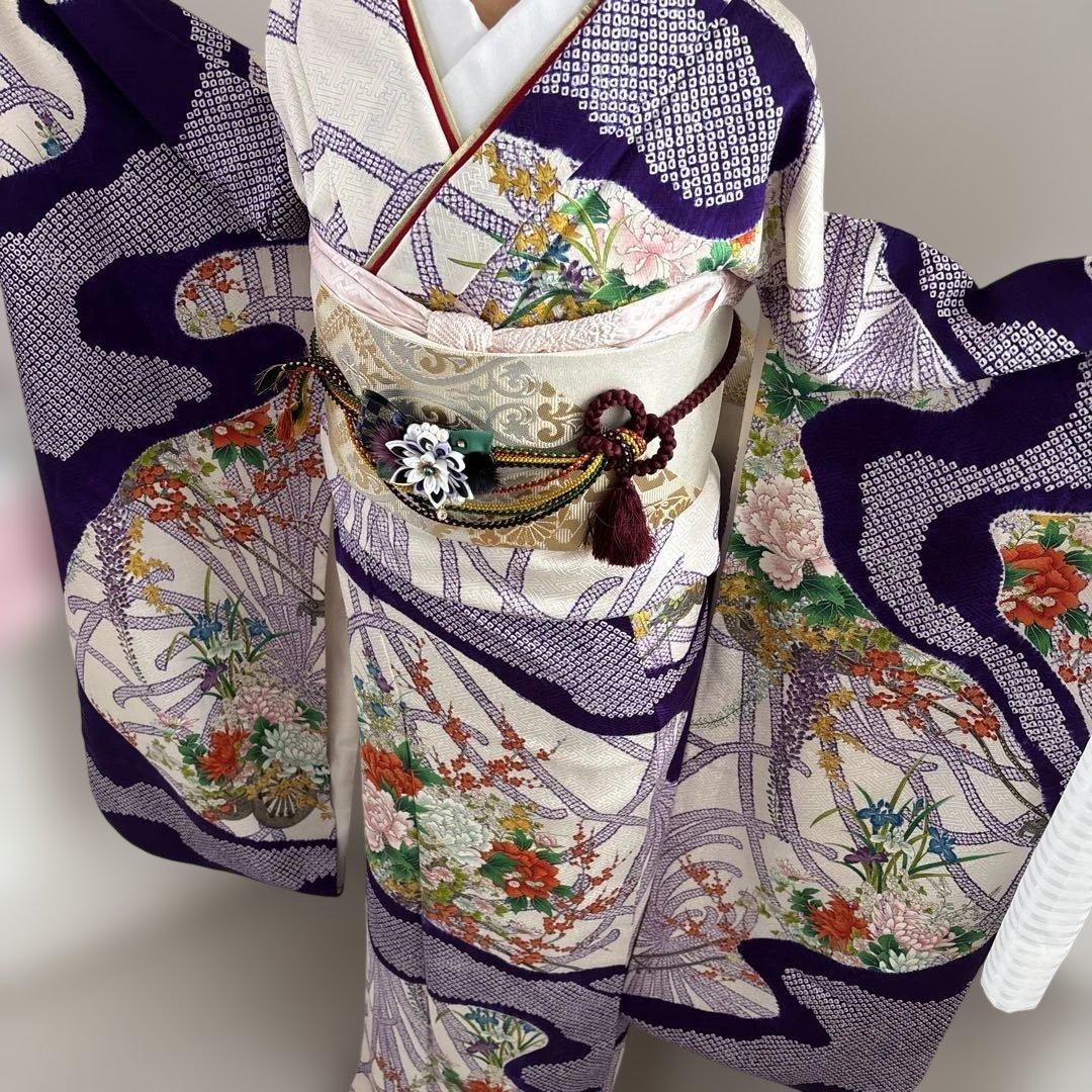 未使用に近い　正絹振袖フルセット　総絞り　紫と白の花柄　成人式に