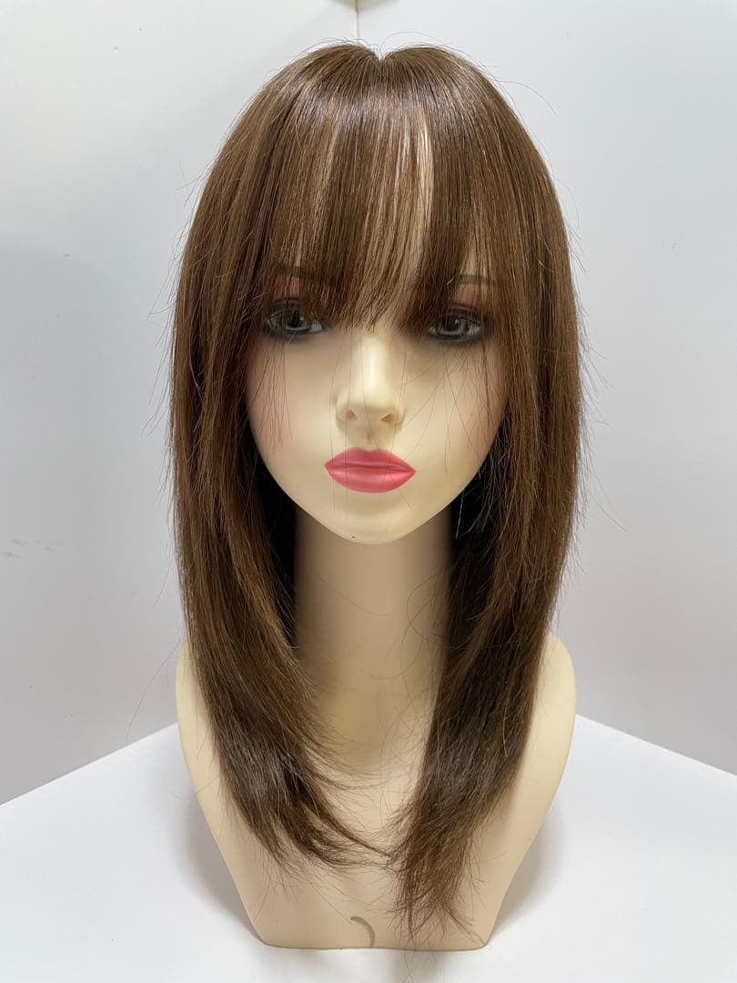 フルウィッグ人毛100%医療ウィッグ鎖骨ミディアム　ストレート　ブラウン