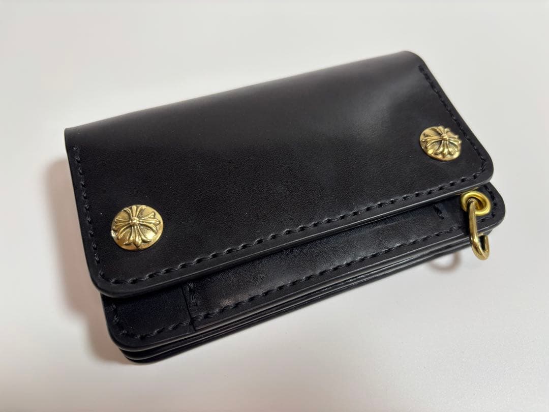 黒　栃木サドル　トラッカーウォレット【Ａ】　三層　真鍮 クロスボールコンチョ