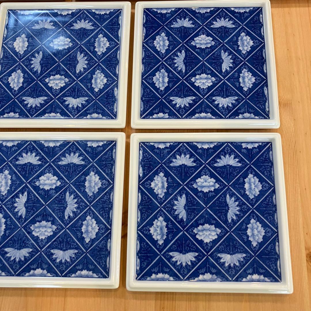 A2G29■オールド香蘭社 染付格子菊牡丹絵 角切方皿10枚 取り皿 銘々皿